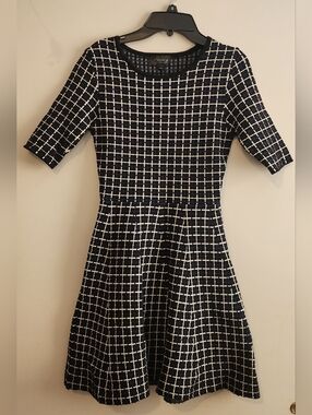 Topshop Navy and White Grid Fit & Flare Midi Dress